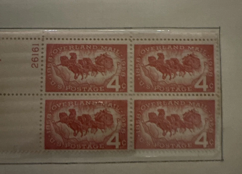 Scott #1120 Overland Mail US Plate Block of Four Stamps - 1958 4¢ - MNH - Image 1 of 1
