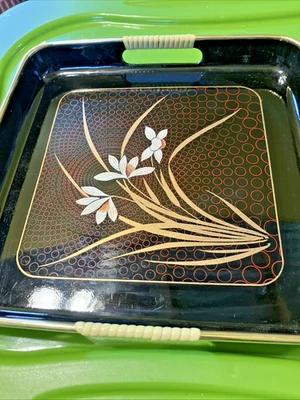 Vintage JAPAN Black & Red Lacquerware Nesting Tray Floral Reeds - Image 1 of 4