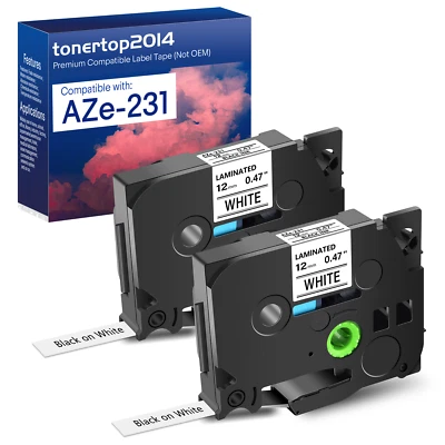 TONERTOP2014 2PK Black on White Label Tape 12mm For Brother TZ-231 TZe-231 P-Touch PT-D210