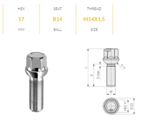 B578 BULLONE RUOTE M14x1,5 HEX17 S45 L64,4 SFERICO R14 PER DISTANZIALI - Foto 1 di 1