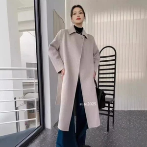 Womens 100% Wool Mid Long Coat Overcoat Double Sided Outwear Over Knee Length Sz - Picture 1 of 27