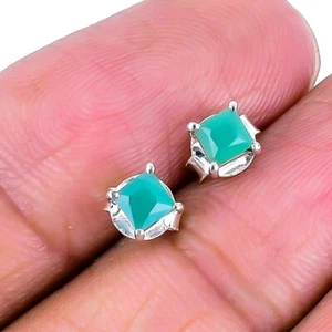 Natural Emerald Faceted Solid Sterling Silver New Stud Clip On Birthday Earrings - Picture 1 of 7