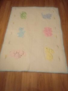 Vintage Baby/ Toddler QUILT EMBROIDERED WITH ANIMALS White Top Blue Backing