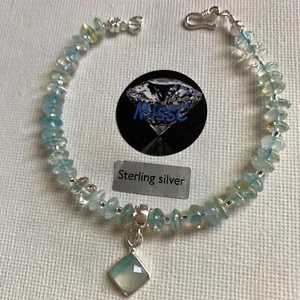 AQUAMARINE 925 STERLING SILVER BRACELET WITH RHOMBIC CHARM, ROSE AND HEART BEAD - Picture 1 of 7