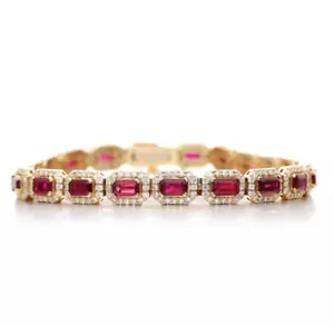 6.72ct Natural Round Diamond 14k Yellow Gold Ruby Anniversary Tennis Bracelet - Picture 1 of 3