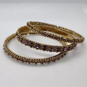 Purple Beaded Bangles Set of 3 Gold Tone Stacked Scalloped 2.25" Princess Gypsy - Picture 1 of 9