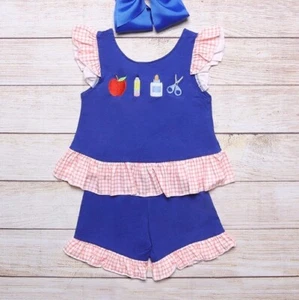 NEW Boutique Back to School Embroidered Tunic Girls Shorts Outfit Set - Picture 1 of 9
