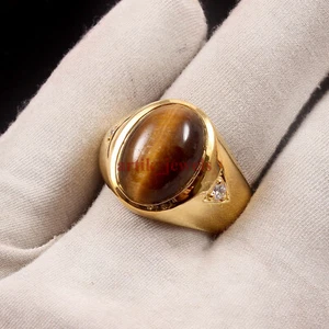 Natural Tiger Eye Gemstone with Gold Plated 925 Sterling Silver Men's Ring #5858 - Picture 1 of 4