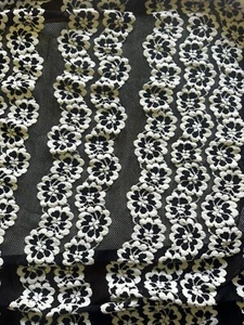 1 pc 44x35" Fine Black Mesh with White Embroidered Flowers Fabric Stretchy - Picture 1 of 4