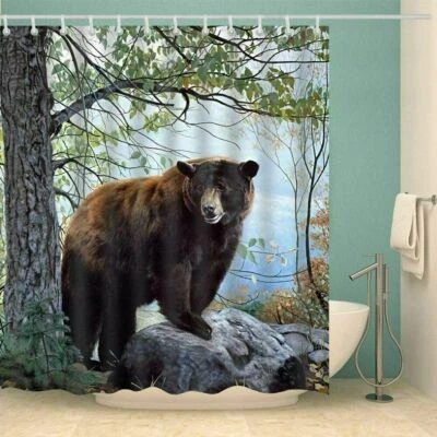Brown Bear Shower Curtain Fabric Animals Theme Bathroom Decor Waterproof 72 In - Image 1 of 4