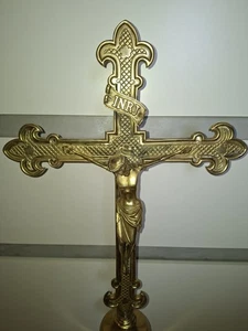 65,5 cm/ANCIEN Grande CROIX CRUCIFIX SUR SOCLE/BRONZE/XIXème/AUTEL/GOTHIQUE/lys - Picture 1 of 9