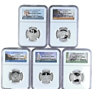 Five 2011 Silver 25C PF 69 Ultra Cameo NGC Graded National Park Proof Quarters - Image 1 of 2