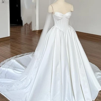 Elegant Satin Wedding Dresses Off Shoulder Sweep Train White Ivory Bridal Gowns - Image 1 of 4