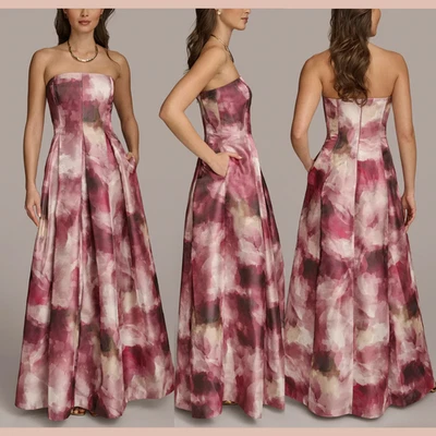 NWD $329 Donna Karan [ 8 ] Watercolor Strapless Ball Gown in Pomegranate J1985 - Image 1 of 4