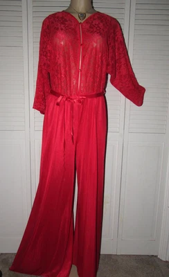 Vtg Red Nylon PALAZZO jumpsuit Nightgown Lace & Chiffon top 1 pc Wide leg  Med/T - Image 1 of 4