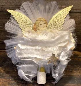 VINTAGE NATIONAL TINSEL SPUN GLASS ANGEL TREE TOPPER SCRAP PAPER FACE ANGEL HAIR - Picture 1 of 8
