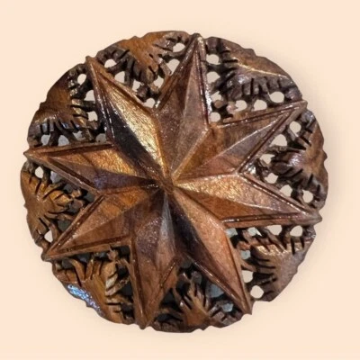 Vintage Carved Olive Wood Brooch Large Star Pin Intricate and in mint condition! - Image 1 of 4