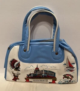 Vintage 1960’s Child's Mini Blue Souvenir Purse Tote Bag Massachusetts 2.5”X7.5” - Picture 1 of 14
