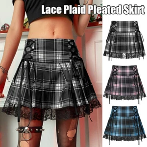 Women Plaid High Waist Lace Trimming Pleated Skirt Lace Up A line Miniskirt New - Picture 1 of 24