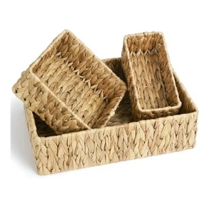 3-Piece Hyacinth Rectangular Storage Basket Set w/ Handles, Natural Wicker - Picture 1 of 4
