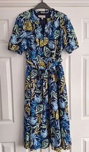 Hobbs Merle Dress Navy Patterned, Side Zip Waist Tie, Size 14 - Picture 1 of 8