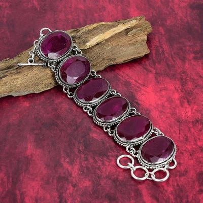 Kashmiri Ruby Lab-Created Gemstone 925 Sterling Silver Jewelry Bracelet For Gift - Image 1 of 4
