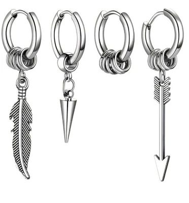 4pcs Men's Earrings Punk Feather Stainless Steel Dangle Hoop With A Gift Box 660 - Image 1 of 3