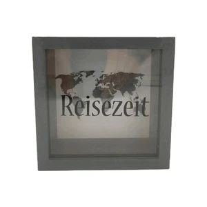 Hucha con ventana "Tiempo de viaje" gris madera y cristal moderno ahorrar NUEVO - Imagen 1 de 4