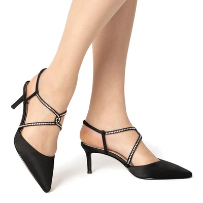 BOMBAS NICHELE NEGRAS SATINADAS CON GIRO DE CRISTAL TACÓN MEDIO Mujer Talla 9.5 Foto 1 de 4