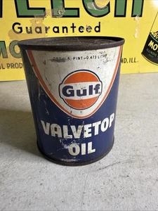 Early Gulf Valve Top Valvetop MOTOR OIL Old Graphic 1 Pint Tin Can - Foto 1 di 8