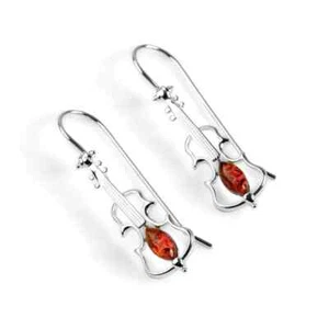 Baltic Amber Gem Music Violin Shaped Hook Earrings Gift in 925 Sterling Silver - Picture 1 of 6