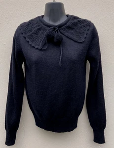 ORIGINAL VINTAGE 1980s C&A LADIES JUMPER BLACK SIZE XS 34 POMPOM BERTHA COLLAR - Picture 1 of 11