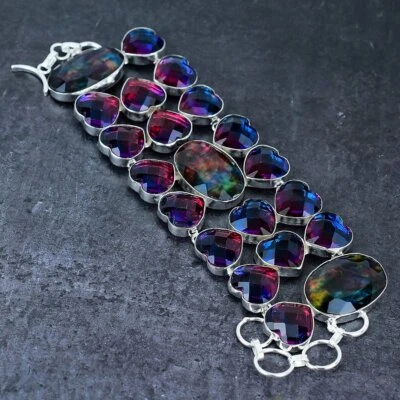 Natural Ammolite, Tourmaline Gemstone 925 Sterling Silver Bracelet 7-8" Gift p02 - Image 1 of 4