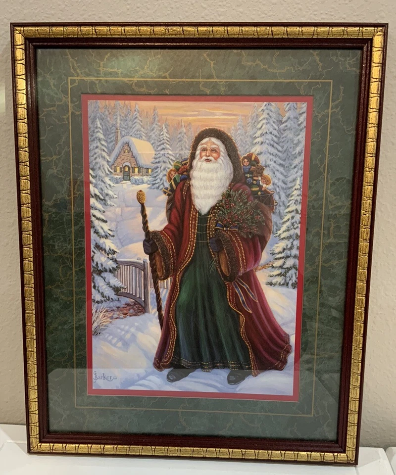 Arte enmarcado de Papá Noel HOMCO G Barker de colección de la década de 1990 madera de cerezo dorado 12” X 15” EE. UU. Foto 1 de 4