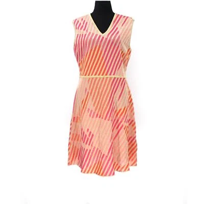 MISSONI Pink Gold Jacquard Knit Geometric Stripe Dress 46 Cotton V-Neck Mini - Image 1 of 4