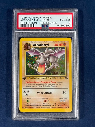 first edition aerodactyl pokemon card 1999 Pokémon Fossil Aerodactyl Holo 1st Edition Prerelease #1 PSA 6