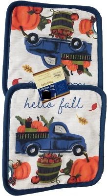 2 Same Printed Kitchen Potholders,HARVEST,BLUE TRUCK W/PUMPKINS,HELLO FALL #2,GR - Image 1 of 4