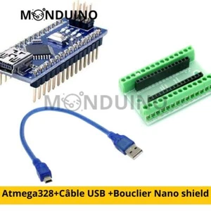 Lot de Carte Nano Arduino Atmega328 compatible+ Câble USB + Bouclier Nano shield - Picture 1 of 1