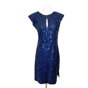 Vintage 80s Size Medium Sequined Dress Blue Black Stretch Knit Shoulder Pads - Picture 1 of 6