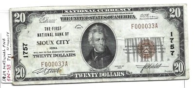 VERY SCARCE 1929 NATIONAL BANK NOTE SIOUX CITY IOWA SERIAL #33 - Image 1 of 4