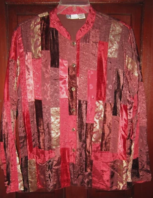 La Cera Sz L Shirt Jacket Top Blouse Patchwork Velvet Jacquard Pockets Mandarin - Image 1 of 3