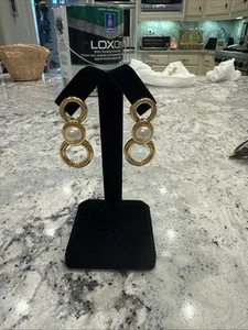 MARVELLA Vintage Signed Dangle Faux Pearl Gold Tone Post Pierced Earrings - Picture 1 of 7