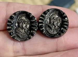 2 Vintage Antique Victorian 5/8” Black Glass Buttons Roman Soldiers Wire ShankE6 - Picture 1 of 5