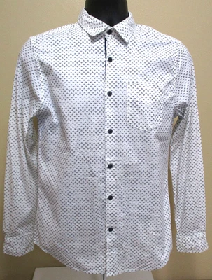 Paper Denim Cloth White Navy Tiny Print Stretch LS Shirt Size M Slim Men's EUC Foto 1 de 4