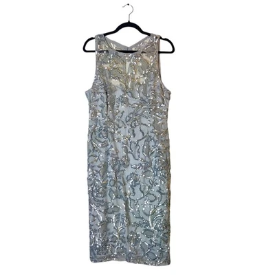 Vestido Vaina Adrianna Papell Plateado Lentejuelas Bordado Halter Cuello Ilusión 12 Foto 1 de 4