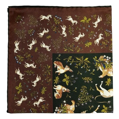 Green & Brown Unicorn Motif Ancient Madder Silk Pocket Square (Hand-Rolled) - Image 1 of 4