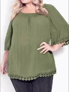 Avenue Embroidered Lace Trim Tunic Top On/Off Shoulder, Khaki Green, Size 26/28 - Picture 1 of 5