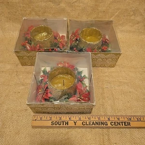 3 Vintage Empire Christmas Poinsettia Gold Glitter Candle Display Decoration Box - Picture 1 of 8