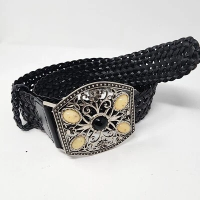 Cinturón de cuero vegano Chicos M negro tejido trenzado estrás adornado brillante Foto 1 de 4