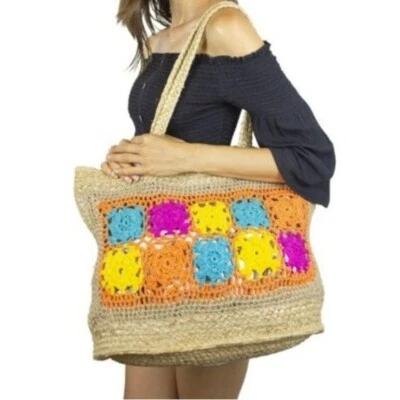 NEW Magid Large Beach Bag Tote Jute Shopper Colorful Crochet Squares Retro 70s - Image 1 of 4